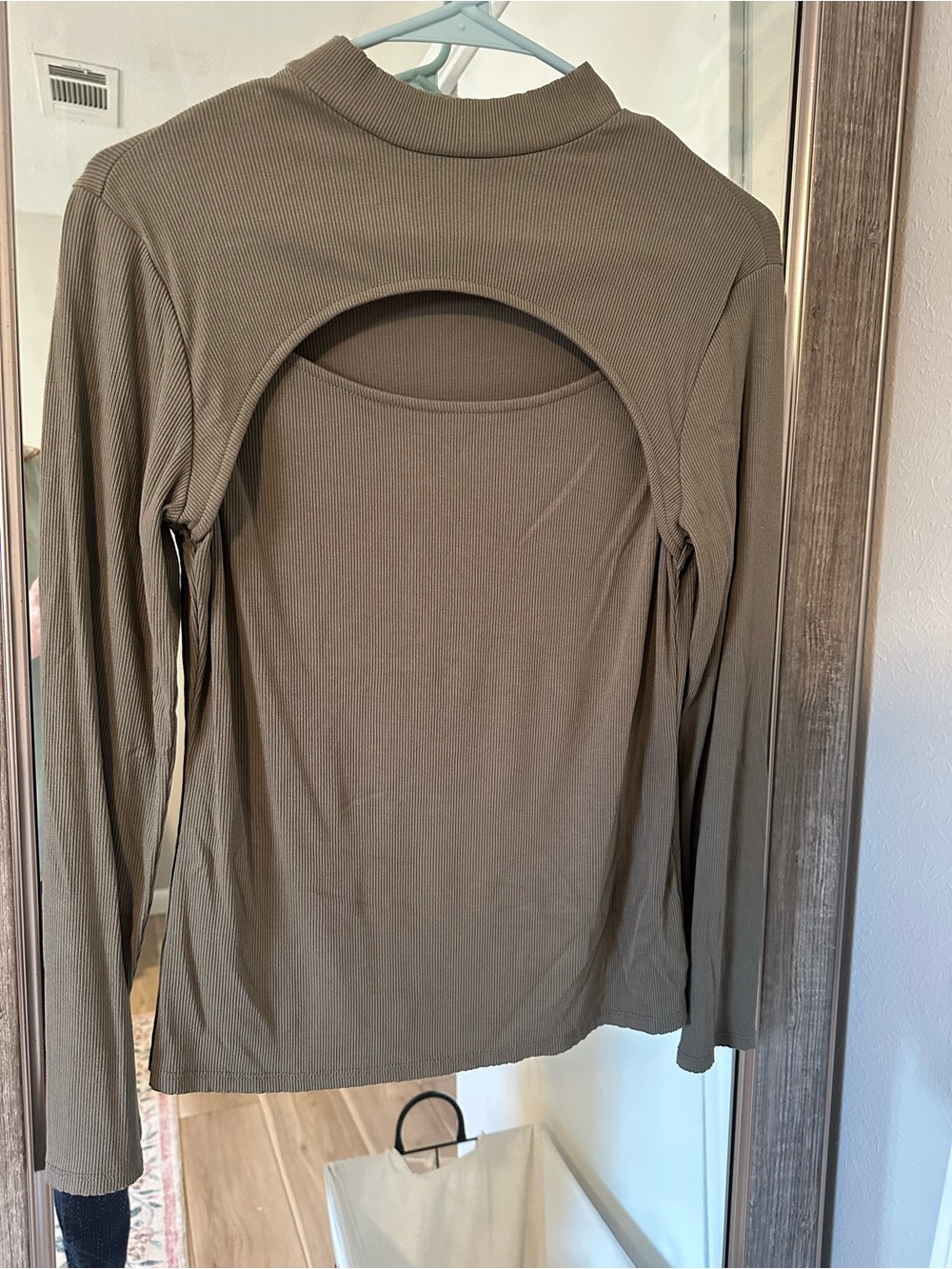 Gilli Olive Green Ribbed Cutout Mock Neck Top